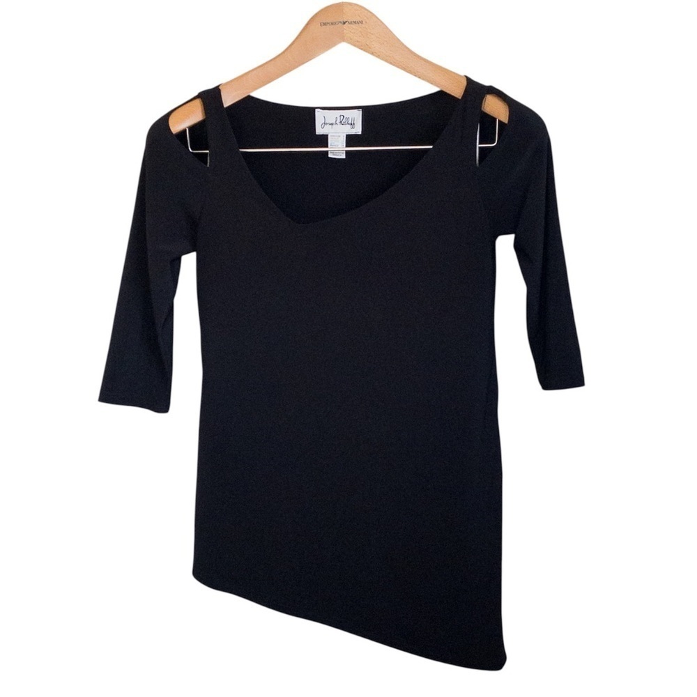 Joseph Ribkoff Tunic Top Black Asymmetrical Hem Cut Out Cold Shoulder Size 6